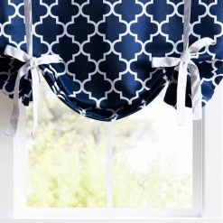 HLC.ME Faux Linen Curtains Lattice Print Blackout Tie Up Balloon Shade Valance - Navy