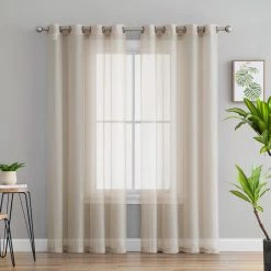 HLC.ME Sheer Grommet Curtain Panels - Beige - Set Of 2 Sheer Curtains