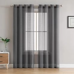 Sheer Curtains HLC.ME Sheer Grommet Curtain Panels - Charcoal Grey - Set Of 2