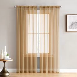 HLC.ME Lucento Sheer Rod Pocket Curtain Panels - Gold - Set Of 2 Sheer Curtains