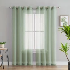 HLC.ME Sheer Grommet Curtain Panels - Sage Green - Set Of 2 Sheer Curtains