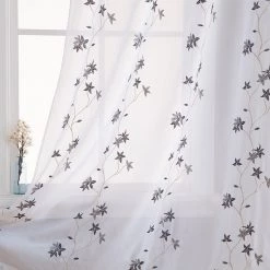 HLC.ME Sheer Curtains Emma Floral Sheer Grommet Curtain Panels - Grey - Set Of 2