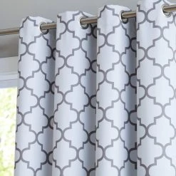 HLC.ME Faux Linen Curtains Lattice Print Blackout Grommet Valance - Platinum White & Grey