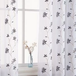 HLC.ME Sheer Curtains Emma Floral Sheer Grommet Curtain Panels - Grey - Set Of 2