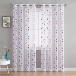 HLC.ME Emma Floral Sheer Grommet Curtain Panels - Burgundy - Set Of 2