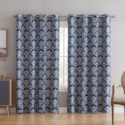 HLC.ME Blackout Curtains Damask Print 100% Blackout Grommet Curtain Panels - Navy Blue - Set Of 2
