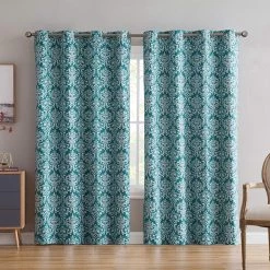 HLC.ME Damask Print 100% Blackout Grommet Curtain Panels - Teal Bl;ue - Set Of 2