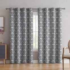 HLC.ME Damask Print 100% Blackout Grommet Curtain Panels - Platinum White & Black - Set Of 2