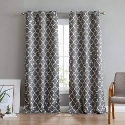 HLC.ME Lattice Print Blackout Grommet Curtain Panels - Grey - Set Of 2