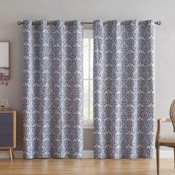 HLC.ME Damask Print 100% Blackout Grommet Curtain Panels - Platinum White & Grey - Set Of 2