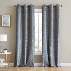 HLC.ME Blackout Curtains Trellis Flocked 100% Blackout Grommet Curtain Panels - Charcoal Grey - Set Of 2
