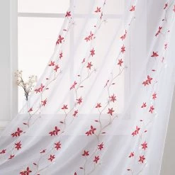 HLC.ME Emma Floral Sheer Grommet Curtain Panels - Burgundy - Set Of 2