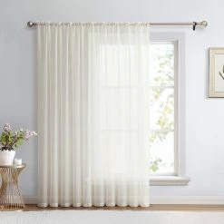 HLC.ME Lucento Sheer Rod Pocket Patio Door Panel - Ivory Faux Linen Curtains