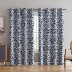 HLC.ME Damask Print 100% Blackout Grommet Curtain Panels - Platinum White & Navy Blue - Set Of 2 Blackout Curtains