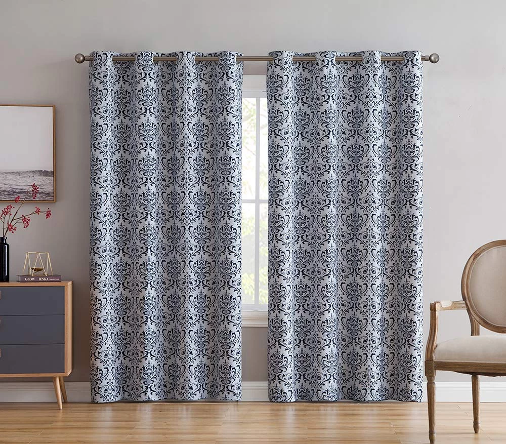 HLC.ME Damask Print 100% Blackout Grommet Curtain Panels - Platinum White & Navy Blue - Set Of 2 Blackout Curtains 4 HLC.ME Damask Print 100% Blackout Grommet Curtain Panels - Platinum White & Navy Blue - Set Of 2 Blackout Curtains