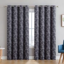 HLC.ME Faux Linen Curtains Carol Floral Blackout Grommet Patio Door Panel - Grey