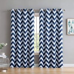 HLC.ME Chevron Print Blackout Grommet Curtain Panels - Navy Blue - Set Of 2