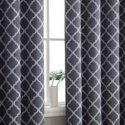 HLC.ME Lattice Embroidered Blackout Grommet Valance - Grey Faux Linen Curtains