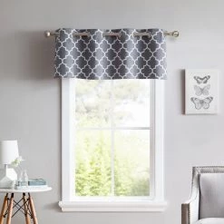 HLC.ME Lattice Print Blackout Grommet Valance - Grey Faux Linen Curtains