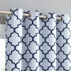 HLC.ME Lattice Print Blackout Grommet Valance - Platinum White & Navy