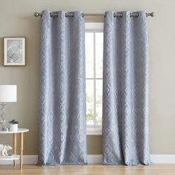 HLC.ME Blackout Curtains Trellis Flocked 100% Blackout Grommet Curtain Panels - Light Grey - Set Of 2