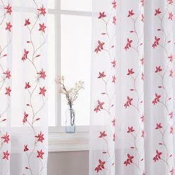 HLC.ME Emma Floral Sheer Grommet Curtain Panels - Burgundy - Set Of 2