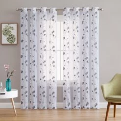 HLC.ME Sheer Curtains Emma Floral Sheer Grommet Curtain Panels - Grey - Set Of 2
