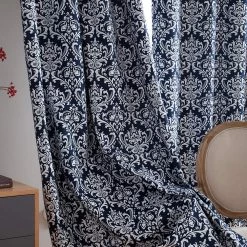 HLC.ME Blackout Curtains Damask Print 100% Blackout Grommet Curtain Panels - Navy Blue - Set Of 2