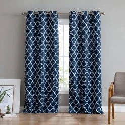 HLC.ME Lattice Print Blackout Grommet Curtain Panels - Navy Blue - Set Of 2
