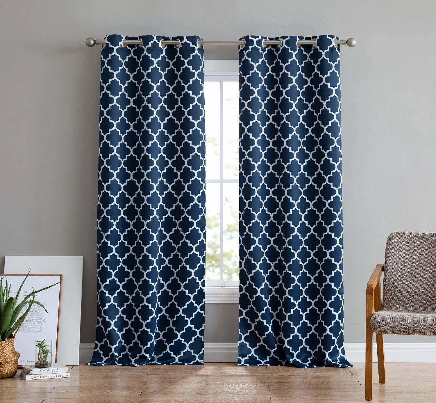 HLC.ME Lattice Print Blackout Grommet Curtain Panels - Navy Blue - Set Of 2 3 HLC.ME Lattice Print Blackout Grommet Curtain Panels - Navy Blue - Set Of 2