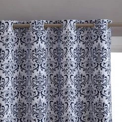 HLC.ME Damask Print 100% Blackout Grommet Curtain Panels - Platinum White & Navy Blue - Set Of 2 Blackout Curtains