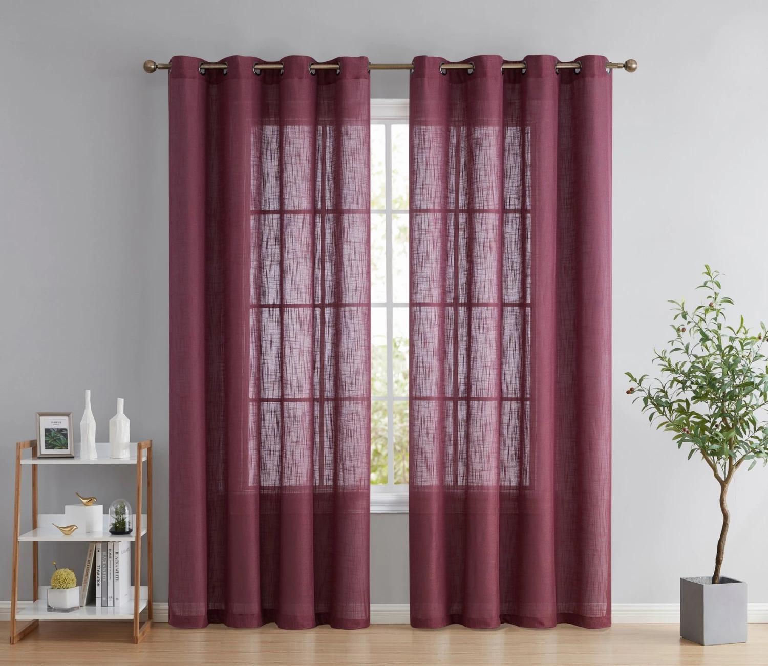 HLC.ME Abbey Faux Linen Grommet Curtain Panels - Burgundy - Set Of 2 3 HLC.ME Abbey Faux Linen Grommet Curtain Panels - Burgundy - Set Of 2
