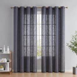 HLC.ME Abbey Faux Linen Grommet Curtain Panels - Charcoal Grey - Set Of 2