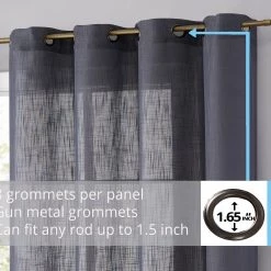 HLC.ME Abbey Faux Linen Grommet Curtain Panels - Charcoal Grey - Set Of 2