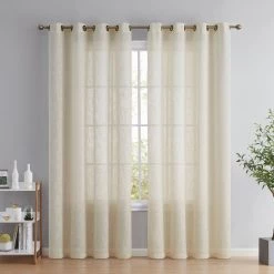 HLC.ME Faux Linen Curtains Abbey Faux Linen Grommet Curtain Panels - Cream - Set Of 2