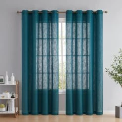 HLC.ME Abbey Faux Linen Grommet Curtain Panels - Grey Teal - Set Of 2 Faux Linen Curtains