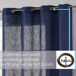 HLC.ME Faux Linen Curtains Abbey Faux Linen Grommet Curtain Panels - Navy Blue - Set Of 2