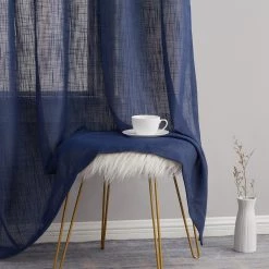 HLC.ME Faux Linen Curtains Abbey Faux Linen Grommet Curtain Panels - Navy Blue - Set Of 2