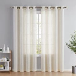 HLC.ME Abbey Faux Linen Grommet Curtain Panels - Oatmeal Beige - Set Of 2 Faux Linen Curtains