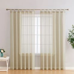 HLC.ME Sheer Curtains Addison Sheer Tab Top Panels - Beige - Set Of 2
