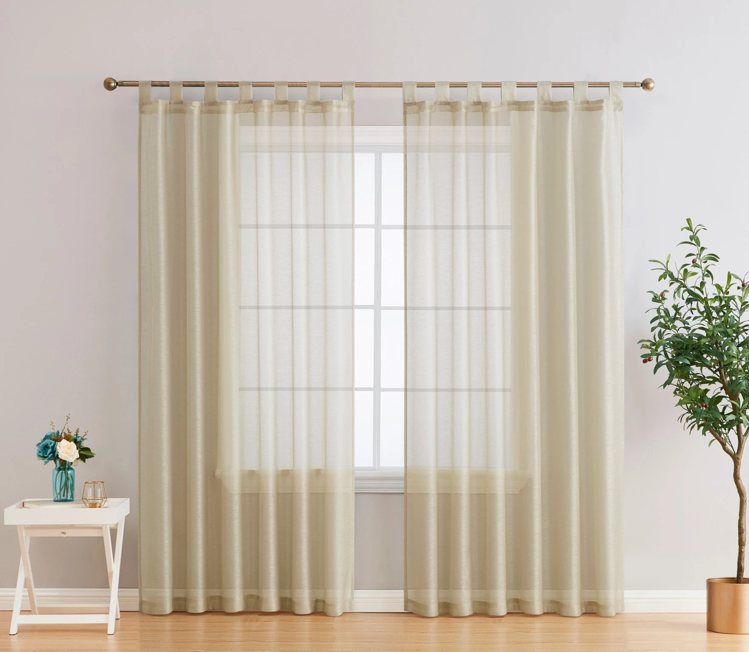 HLC.ME Sheer Curtains Addison Sheer Tab Top Panels - Beige - Set Of 2 3 HLC.ME Sheer Curtains Addison Sheer Tab Top Panels - Beige - Set Of 2