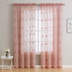 HLC.ME Allegra Floral Embroidered Sheer Curtain Panels - Blush Pink - Set Of 2