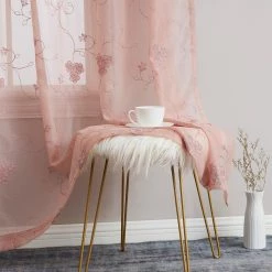 HLC.ME Allegra Floral Embroidered Sheer Curtain Panels - Blush Pink - Set Of 2