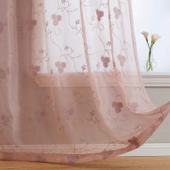 HLC.ME Allegra Floral Embroidered Sheer Curtain Panels - Blush Pink - Set Of 2