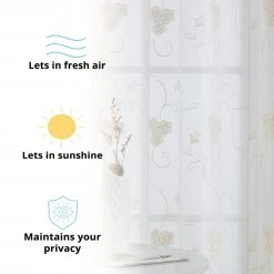 HLC.ME Allegra Floral Embroidered Sheer Curtain Panels - Cream - Set Of 2 Sheer Curtains