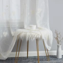 HLC.ME Allegra Floral Embroidered Sheer Curtain Panels - Cream - Set Of 2 Sheer Curtains