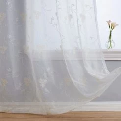 HLC.ME Allegra Floral Embroidered Sheer Curtain Panels - Cream - Set Of 2 Sheer Curtains