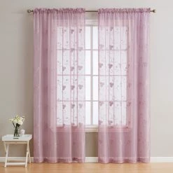 HLC.ME Allegra Floral Embroidered Sheer Curtain Panels - Mauve Lilac - Set Of 2