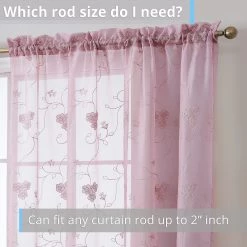 HLC.ME Allegra Floral Embroidered Sheer Curtain Panels - Mauve Lilac - Set Of 2