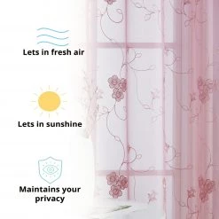 HLC.ME Allegra Floral Embroidered Sheer Curtain Panels - Mauve Lilac - Set Of 2